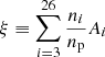 Mathematical equation: $ \xi \equiv \sum_{i=3}^{26} \frac{n_{i}}{n_{\mathrm{p}}}A_i $