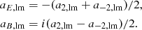 Mathematical equation: $$ \begin{aligned} a_{E,\mathrm{lm}}&= -(a_{2,\mathrm{lm}}+a_{-2,\mathrm{lm}})/2,\\ a_{B,\mathrm{lm}}&= i(a_{2,\mathrm{lm}}-a_{-2,\mathrm{lm}})/2.\nonumber \end{aligned} $$