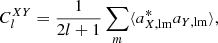 Mathematical equation: $$ \begin{aligned} C^{XY}_{l} = \frac{1}{2l+1}\sum _{m}\langle a^{*}_{X,\mathrm{lm}} a_{Y,\mathrm{lm}} \rangle , \end{aligned} $$