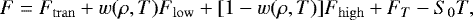 Mathematical equation: \begin{equation*} F =F_{\mathrm{tran}}+w(\rho,T) F_{\mathrm{low}} +[1-w(\rho,T)] F_{\mathrm{high}} +F_T-S_0T,\end{equation*}
