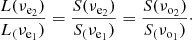 Mathematical equation: $$ \begin{aligned} \frac{L(\nu _{\mathrm{e}_2})}{L_(\nu _{\mathrm{e}_1})}=\frac{S(\nu _{\mathrm{e}_2})}{S_(\nu _{\mathrm{e}_1})}=\frac{S(\nu _{\mathrm{o}_2})}{S_(\nu _{\mathrm{o}_1})}\cdot \end{aligned} $$