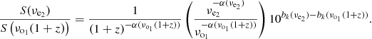Mathematical equation: $$ \begin{aligned} \frac{S(\nu _{\mathrm{e}_2})}{S\left(\nu _{\mathrm{o}_1}(1+z)\right)}=\frac{1}{(1+z)^{-\alpha (\nu _{\mathrm{o}_1}(1+z))}}\left(\frac{\nu _{\mathrm{e}_2}^{-\alpha (\nu _{\mathrm{e}_2})}}{\nu _{\mathrm{o}_1}^{-\alpha (\nu _{\mathrm{o}_1}(1+z))}}\right)10^{b_k(\nu _{\mathrm{e}_2})-b_k(\nu _{\mathrm{o}_1}(1+z))}. \end{aligned} $$