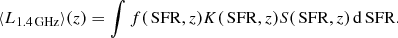 Mathematical equation: $$ \begin{aligned} \langle L_{1.4\,\mathrm{GHz} }\rangle (z) = \int f(\,\mathrm{SFR} ,z) K(\,\mathrm{SFR} , z) S(\,\mathrm{SFR} , z) \,\mathrm{d} \,\mathrm{SFR} . \end{aligned} $$