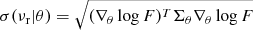 Mathematical equation: $ \sigma(\nu_{\mathrm{r}} |\theta)=\sqrt{(\nabla_\theta \log F)^T \Sigma_\theta \nabla_\theta \log F} $