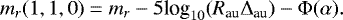 Mathematical equation: \begin{equation*} m_r(1,1,0)=m_r - 5 \textrm{log}_{10}(R_{\textrm{au}}\Delta_{\textrm{au}}) - \mathrm\Phi(\alpha) .\end{equation*}