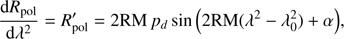 Mathematical equation: $$ \begin{aligned} \frac{\mathrm{d}R_{\rm pol}}{\mathrm{d}\lambda ^2} = R^{\prime }_{\rm pol} = 2 \mathrm{RM}\,p_d \,\mathrm{{sin}}\,{\left(2 \mathrm{RM}(\lambda ^2-\lambda _0^2) + \alpha \right)}, \end{aligned} $$