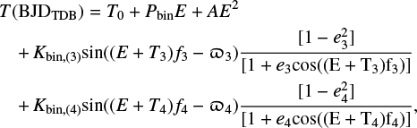 Mathematical equation: \begin{eqnarray*}&&\hspace*{-5pt}T({\textrm{BJD_{\textrm{TDB}}}}) = T_0 + P_{{\rm{bin}}}E + AE^2\nonumber\\* &&\hspace*{-5pt}\quad +\, K_{{\rm{bin}},(3)} {\rm{sin}}((E + T_{3})f_{3} - \varpi_3)\frac{[1 - e^2_3]}{[1 + e_3 \rm{cos}((E + T_{3})f_{3})]}\\* &&\hspace*{-5pt}\quad +\, K_{{\rm{bin}},(4)} {\rm{sin}}((E + T_{4})f_{4} - \varpi_4)\frac{[1 - e^2_4]}{[1 + e_4 \rm{cos}((E + T_{4})f_{4})]},\nonumber \end{eqnarray*}