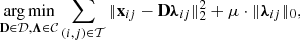 Mathematical equation: $$ \begin{aligned} \mathop {\mathrm{{arg\,min}}}\limits _{\mathbf{D }\in \mathcal{D} ,\boldsymbol{\Lambda }\in \mathcal{C} } \sum _{(i,j)\in \mathcal{T} } \Vert \mathbf{x }_{ij}-\mathbf{D }{\boldsymbol{\lambda }}_{ij}\Vert _2^2 + \mu \cdot \Vert {\boldsymbol{\lambda }}_{ij}\Vert _0 ,\end{aligned} $$