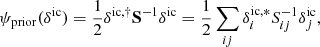 Mathematical equation: $$ \begin{aligned} \psi _{\mathrm{prior}}(\delta ^{\mathrm{ic}}) = \frac{1}{2} \delta ^{\mathrm{ic}, \dagger } \mathbf S ^{-1} \delta ^{\mathrm{ic}} = \frac{1}{2} \sum _{ij} \delta ^{\mathrm{ic},*}_{i} S_{ij}^{-1} \delta ^{\mathrm{ic}}_{j} , \end{aligned} $$