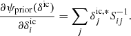 Mathematical equation: $$ \begin{aligned} \frac{\partial \psi _{\mathrm{prior}}(\delta ^{\mathrm{ic}})}{\partial \delta ^{\mathrm{ic}}_{i}} = \sum _{j} \delta ^{\mathrm{ic,*}}_{j} S^{-1}_{ij} . \end{aligned} $$