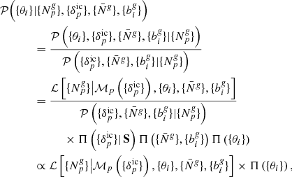 Mathematical equation: $$ \begin{aligned} \mathcal{P} \Big ( \{ \theta _{i} \}&| \{{N}^{\textit{g}}_{p}\}, \{ {\delta }_{p}^{\mathrm{ic}} \}, \{\bar{N}^{\textit{g}}\}, \{b_{i}^{\textit{g}}\} \Big ) \nonumber \\&= \frac{\mathcal{P} \left( \{ \theta _{i} \}, \{ {\delta }_{p}^{\mathrm{ic}} \}, \{\bar{N}^{\textit{g}}\}, \{b_{i}^{\textit{g}}\} |\{{N}^{\textit{g}}_{p}\} \right)}{\mathcal{P} \left( \{ {\delta }_{p}^{\mathrm{ic}} \}, \{\bar{N}^{\textit{g}}\}, \{b_{i}^{\textit{g}}\} |\{{N}^{\textit{g}}_{p}\} \right)} \nonumber \\&= \frac{\mathcal{L} \left[\{{N}^{\textit{g}}_{p}\}\big | {\mathcal{M} }_{p} \left(\{ {\delta }_{p}^{\mathrm{ic}} \} \right), \{ \theta _{i} \}, \{\bar{N}^{\textit{g}}\}, \{b_{i}^{\textit{g}}\} \right] }{\mathcal{P} \left( \{ {\delta }_{p}^{\mathrm{ic}} \}, \{\bar{N}^{\textit{g}}\}, \{b_{i}^{\textit{g}}\} |\{{N}^{\textit{g}}_{p}\} \right)} \nonumber \\&\; \; \; \; \; \; \; \; \; \times \Pi \left(\{ {\delta }_{p}^{\mathrm{ic}} \} | \, \mathbf S \right) \Pi \left( \{\bar{N}^{\textit{g}} \}, \{b_{i}^{\textit{g}}\} \right) \Pi \left( \{\theta _{i} \}\right) \nonumber \\&\propto \mathcal{L} \left[\{{N}^{\textit{g}}_{p}\}\big | {\mathcal{M} }_{p} \left(\{ {\delta }_{p}^{\mathrm{ic}} \} \right), \{ \theta _{i} \}, \{\bar{N}^{\textit{g}}\}, \{b_{i}^{\textit{g}}\} \right] \times \Pi \left( \{\theta _{i} \}\right) , \end{aligned} $$