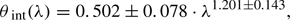 Mathematical equation: $$ \begin{aligned} \theta _{\text{ int}}(\lambda ) = 0.502\pm 0.078 \cdot \lambda ^{1.201\pm 0.143}, \end{aligned} $$