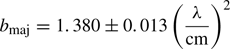 Mathematical equation: $ b_{\mathrm{maj}}=1.380 \pm 0.013 \left({\lambda \over \mathrm{cm}}\right)^2 $