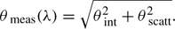 Mathematical equation: $$ \begin{aligned} \theta _{\text{ meas}}(\lambda )=\sqrt{\theta ^{2}_{\text{ int}} + \theta ^{2}_{\text{ scatt}}}. \end{aligned} $$