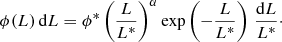 Mathematical equation: $$ \begin{aligned} \phi (L)\,\mathrm{d}L = \phi ^* \left( \frac{L}{L^*} \right)^{\alpha } \exp \left( - \frac{L}{L^*} \right) \, \frac{\mathrm{d}L}{L^*}\cdot \end{aligned} $$
