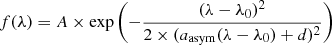 Mathematical equation: $$ \begin{aligned} f(\lambda ) = A \times \exp \left( - \frac{(\lambda - \lambda _0)^2}{2 \times (a_{\rm asym}(\lambda - \lambda _0) + d)^2} \right) \end{aligned} $$
