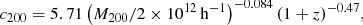 Mathematical equation: $$ \begin{aligned} c_{200}=5.71\left(M_{200}/2 \times 10^{12}\,\mathrm{h}^{-1}\right)^{-0.084}(1+z)^{-0.47}, \end{aligned} $$