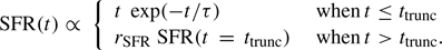 Mathematical equation: $$ \begin{aligned} \mathrm{SFR}(t) \propto \ {\left\{ \begin{array}{ll} t\ \exp (-t/\tau )&\text{ when}\, t\le t_{\rm trunc} \\ r_{\rm SFR} \ \mathrm{SFR}(t\,=\,t_{\rm trunc})&\text{ when}\, t> t_{\rm trunc}. \end{array}\right.} \end{aligned} $$