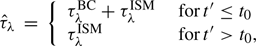 Mathematical equation: $$ \begin{aligned} \hat{\tau }_\lambda \,=\, {\left\{ \begin{array}{ll} \tau _\lambda ^\mathrm{BC} + \tau _\lambda ^\mathrm{ISM}&\text{ for}\, t^\prime \le t_0 \\ \tau _\lambda ^\mathrm{ISM}&\text{ for}\, t^\prime > t_0, \\ \end{array}\right.} \end{aligned} $$