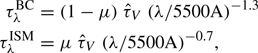 Mathematical equation: $$ \begin{aligned} \tau _\lambda ^\mathrm{BC}&= (1-\mu )\ \hat{\tau }_V\ (\lambda /\mathrm{5500A})^{-1.3} \nonumber \\ \tau _\lambda ^\mathrm{ISM}&= \mu \ \hat{\tau }_V\ (\lambda /\mathrm{5500A})^{-0.7}, \end{aligned} $$