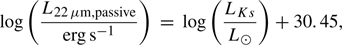 Mathematical equation: $$ \begin{aligned} \log \left( \frac{{L}_{22\,\mu {\mathrm{m,passive}}}}{\mathrm{erg\,s^{-1}}} \right) \,=\, \log \left( \frac{{L}_{Ks}}{{L}_\odot } \right) + 30.45, \end{aligned} $$