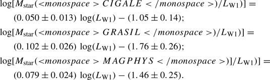 Mathematical equation: $$ \begin{aligned}&\log [M_{\rm star}(\mathtt <monospace>CIGALE</monospace> )/L_{\mathrm{W} 1})]= \nonumber \\&\quad \,\,\,\,\,(0.050\pm 0.013)\,\log (L_{\mathrm{W} 1}) - (1.05\pm 0.14) ; \nonumber \\&\log [M_{\rm star}(\mathtt <monospace>GRASIL</monospace> )/L_{\mathrm{W} 1})]=&\nonumber \\&\quad \,\,\,\,\,(0.102\pm 0.026)\,\log (L_{\mathrm{W} 1}) - (1.76\pm 0.26) ; \nonumber \\&\log [M_{\rm star}(\mathtt <monospace>MAGPHYS</monospace> )]/L_{\mathrm{W} 1})]=&\nonumber \\&\quad \,\,\,\,\,(0.079\pm 0.024)\,\log (L_{\mathrm{W} 1}) - (1.46\pm 0.25). \end{aligned} $$