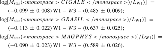 Mathematical equation: $$ \begin{aligned}&\log [M_{\rm star}(\mathtt <monospace>CIGALE</monospace> )/L_{\mathrm{W} 1})]\,\,= \nonumber \\&\quad \,\,\,\,\,(-0.099\,\pm \,0.008)\,{\mathrm{W} 1-W3} - (0.485\,\pm \,0.009) ; \nonumber \\&\log [M_{\rm star}(\mathtt <monospace>GRASIL</monospace> )/L_{\mathrm{W} 1})]\,\,= \nonumber \\&\quad \,\,\,\,\,(-0.113\,\pm \,0.022)\,{\mathrm{W} 1-W3} - (0.637\,\pm \,0.025) ; \nonumber \\&\log [M_{\rm star}(\mathtt <monospace>MAGPHYS</monospace> )]/L_{\mathrm{W} 1})]\,= \nonumber \\&\quad \,\,\,\,\,(-0.090\,\pm \,0.023)\,{\mathrm{W} 1-W3} - (0.589\,\pm \,0.026). \end{aligned} $$