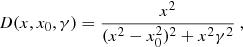 Mathematical equation: $$ \begin{aligned} D(x,x_0,\gamma ) = \frac{x^2}{(x^2-x_0^2)^2+x^2\gamma ^2}~, \end{aligned} $$