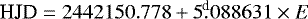 Mathematical equation: \begin{equation*} \textrm{HJD} = 2442150.778 + 5{.\!\!^{\textrm{d}}}088631 \times E \end{equation*}