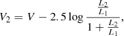 Mathematical equation: $$ \begin{aligned} V_2= V - 2.5\log { \frac{\frac{L_2}{L_1}}{1+\frac{L_2}{L_1}}} , \end{aligned} $$