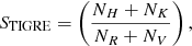 Mathematical equation: $$ \begin{aligned} S_{\mathrm{TIGRE}} = \left( \frac{N_{H}+N_{K}}{N_{R}+N_{V}} \right), \end{aligned} $$