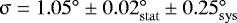 Mathematical equation: $\upsigma = 1.05^{\circ} \pm 0.02_{\mathrm{stat}}^{\circ} \pm 0.25_{\mathrm{sys}}^{\circ}$