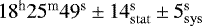 Mathematical equation: $18^{\textrm{h}}25^{\textrm{m}}49^{\textrm{s}} \pm 14_{\mathrm{stat}}^{\textrm{s}} \pm 5_{\mathrm{sys}}^{\textrm{s}}$