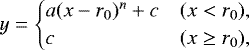 Mathematical equation: \begin{equation*} y = \begin{cases} a(x-r_0)^n +c & ( x < r_0 ), \\ c & ( x \geq r_0 ), \end{cases}\end{equation*}
