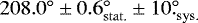 Mathematical equation: $208.0^{\circ} \pm 0.6^{\circ}_{\mathrm{stat.}} \pm 10.^{\!\!\circ}_{\mathrm{sys.}}$