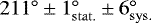 Mathematical equation: $211^{\circ} \pm 1^{\circ}_{\mathrm{stat.}} \pm 6^{\circ}_{\mathrm{sys.}}$