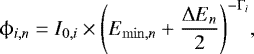 Mathematical equation: \begin{equation*} \phi_{i,n} = I_{0,i} \times \left(E_{\mathrm{min},n}+\frac{\Delta E_n}{2}\right)^{-\Gamma_i}\!,\end{equation*}