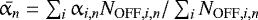 Mathematical equation: $\bar{\alpha_n} = \sum_i \alpha_{i,n} {N_{\textrm{OFF},i,n}} / \sum_i {N_{\textrm{OFF},i,n}}$