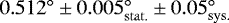 Mathematical equation: $0.512^{\circ} \pm0.005_{\mathrm{stat.}}^{\circ} \pm 0.05_{\mathrm{sys.}}^{\circ}$
