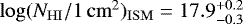 Mathematical equation: $\log(N_{\mathrm{HI}}/1\,\mathrm{cm}^2)_{\mathrm{ISM}} = 17.9^{+0.2}_{-0.3}$