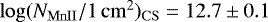Mathematical equation: $\log(N_{\mathrm{MnII}}/1\,\mathrm{cm}^2)_{\mathrm{CS}}=12.7\pm0.1$