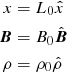 Mathematical equation: $$ \begin{aligned} x&=L_0 \hat{x}\\ {\boldsymbol{B}}&=B_0\hat{{\boldsymbol{B}}} \\ \rho&=\rho _0 \hat{\rho } \end{aligned} $$