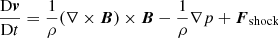 Mathematical equation: $$ \begin{aligned}&\frac{{\mathrm{D} }{\boldsymbol{{ v}}}}{\mathrm{D}t} =\frac{1}{\rho }(\nabla \times {\boldsymbol{B}})\times {\boldsymbol{B}} -\frac{1}{\rho }\nabla p + {\boldsymbol{F}}_{\rm shock}\end{aligned} $$
