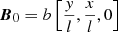 Mathematical equation: $$ \begin{aligned} {\boldsymbol{B}}_{0}&= b \left[\frac{{ y}}{l}, \frac{x}{l}, 0\right] \end{aligned} $$