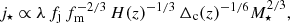 Mathematical equation: $$ \begin{aligned} j_\star \propto \lambda \, f_{\rm j} \, f_{\rm m}^{-2/3} \, H(z)^{-1/3} \, \Delta _{\rm c}(z)^{-1/6} M_\star ^{2/3} ,\end{aligned} $$