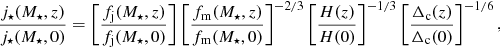 Mathematical equation: $$ \begin{aligned} \frac{j_\star (M_\star ,z)}{j_\star (M_\star ,0)} = \left[\frac{f_{\rm j}(M_\star ,z)}{f_{\rm j}(M_\star ,0)}\right] \left[\frac{f_{\rm m}(M_\star ,z)}{f_{\rm m}(M_\star ,0)}\right]^{-2/3} \left[\frac{H(z)}{H(0)}\right]^{-1/3} \left[\frac{\Delta _{\rm c}(z)}{\Delta _{\rm c}(0)}\right]^{-1/6} , \end{aligned} $$