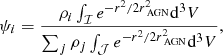 Mathematical equation: $$ \begin{aligned} \psi _i = \frac{\rho _i\int _\mathcal{I} e^{-r^2/2r_\text{ AGN}^2}\mathrm{d} ^3 V}{\sum _j \rho _j \int _\mathcal{J} e^{-r^2/2r_\text{ AGN}^2}\mathrm{d} ^3 V}, \end{aligned} $$
