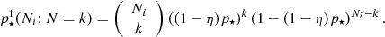 Mathematical equation: $$ \begin{aligned} p_\star ^\mathrm{f} (N_i;N=k) = \left({\begin{array}{c}N_i\\ k\end{array}}\right) \left((1-\eta )p_\star \right)^k\left(1-(1-\eta )p_\star \right)^{N_i-k}. \end{aligned} $$
