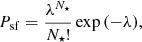Mathematical equation: $$ \begin{aligned} P_{\rm sf}=\frac{\lambda ^{N_\star }}{N_\star !}\exp {(-\lambda )}, \end{aligned} $$