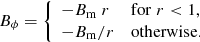 Mathematical equation: $$ \begin{aligned} B_\phi = \left\{ \begin{array}{ll} -B_{\rm m} \ r&{{\mathrm{for} } \; } r<1, \\ -B_{\rm m}/r&{\mathrm{otherwise.} } \end{array} \right. \end{aligned} $$